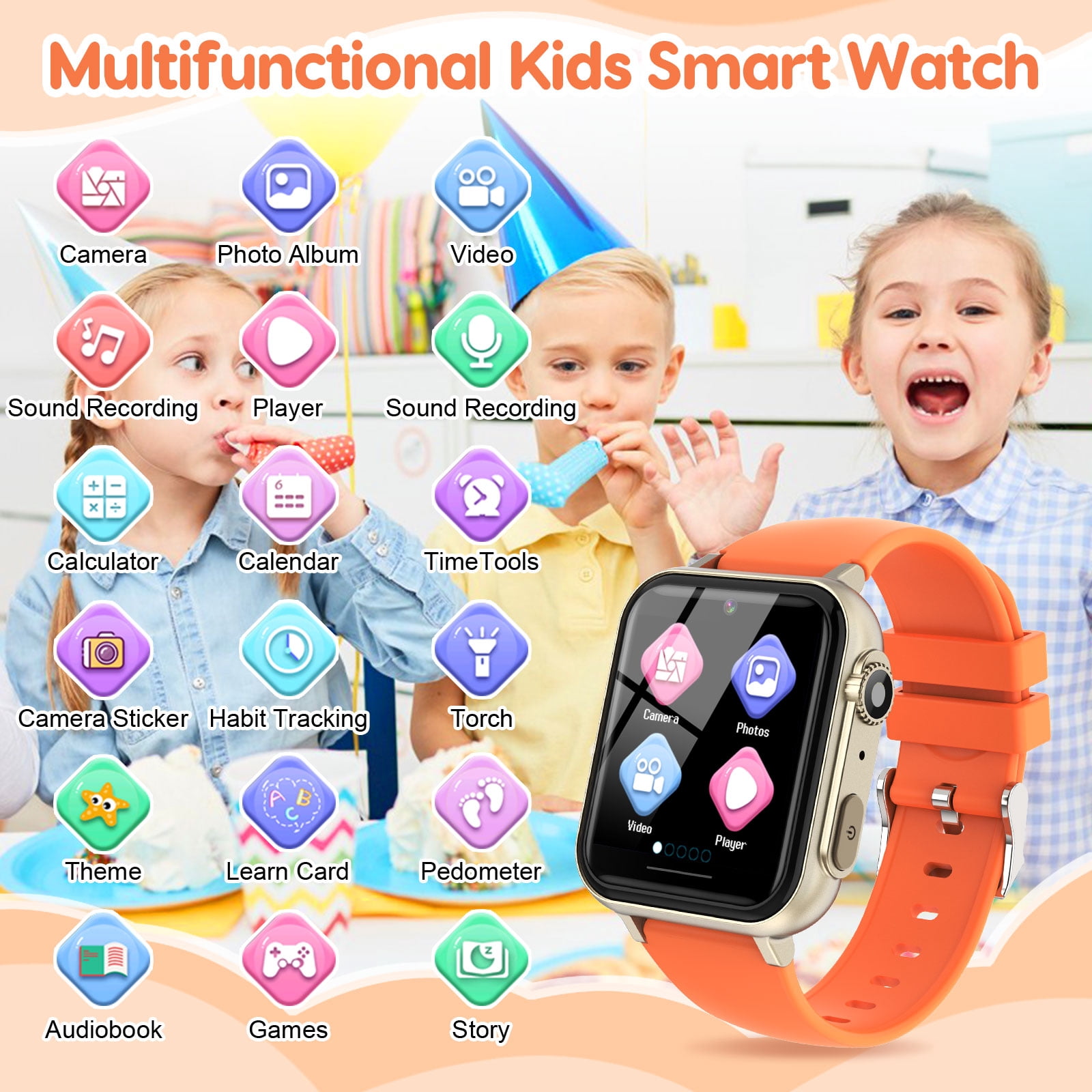 Eurhowing Kids Smart Watch Age 3-12, 31 Games, Learning Cards, HD Touch Screen, Camera, Music, Audiobook, Pedometer, Fun & Educational Birthday Gift Idea, Orange