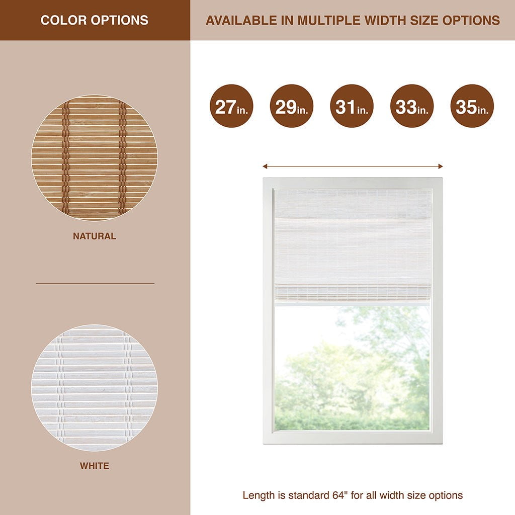 MAYEERTY Bamboo Light Filtering Privacy Roman Window Shade, White, 64" L x 33" W