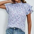 thumbnail image 6 of Lovskoo 2024 Womens Summer Tops Casual Ruffled Mock Neck Floral Print Shirts Smocked Ruffle Short Sleeve Babydoll Blouses Blue L, 6 of 8