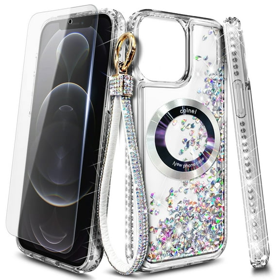 NageBee Designed for iPhone 11 Pro Max Magnetic Case for MagSafe, Tempered Glass Screen Protector/Wrist Strap Lanyard, Glitter Floating Liquid Cute Case (Diamond)