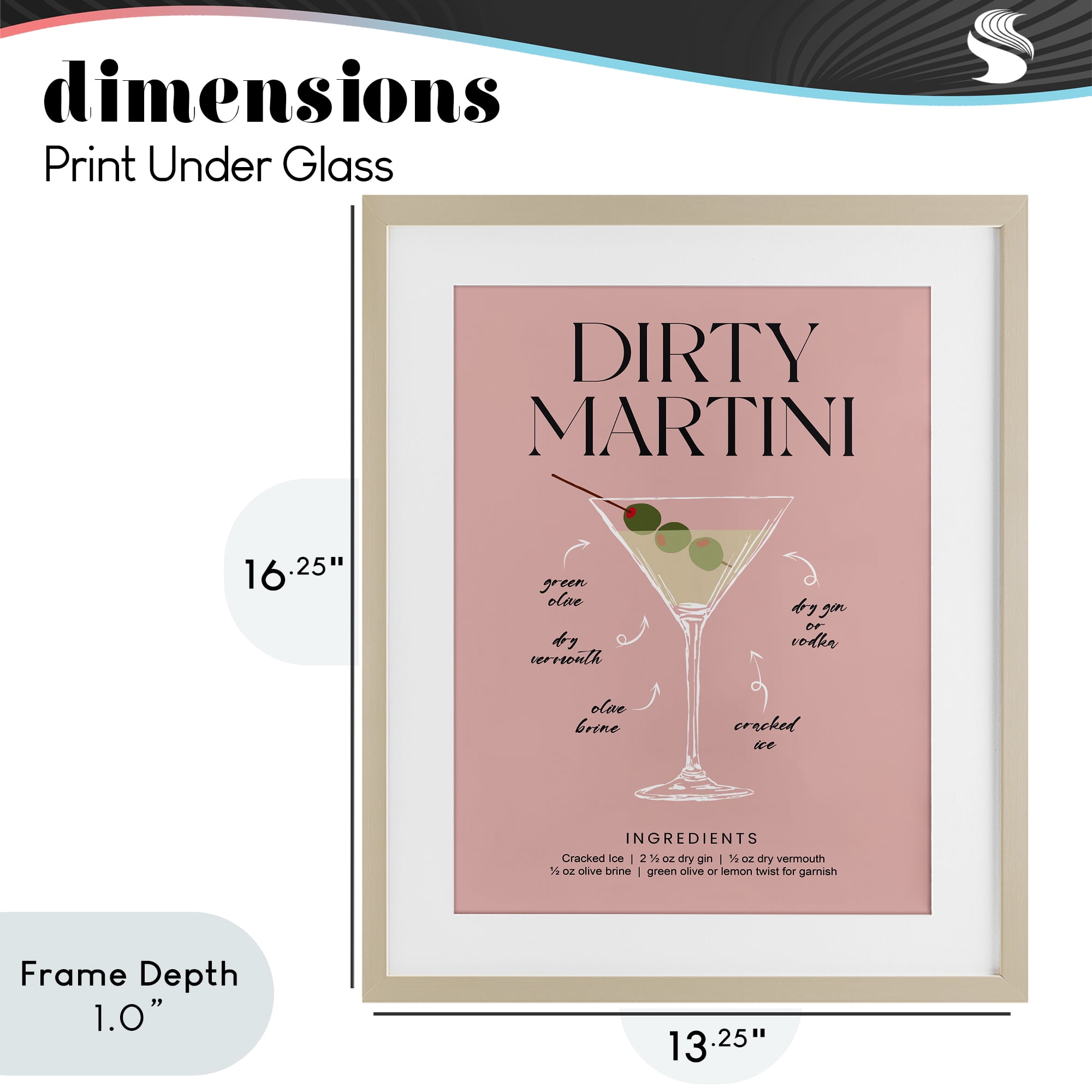 Stupell Industries Dirty Martini Pink Recipe Birch Framed Print Under Glass, design by Lettered and Lined