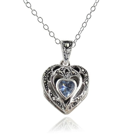Moss Aquamarine Necklace - Sterling Silver Marcasite Aquamarine CZ Heart Photo Locket Necklace, 18