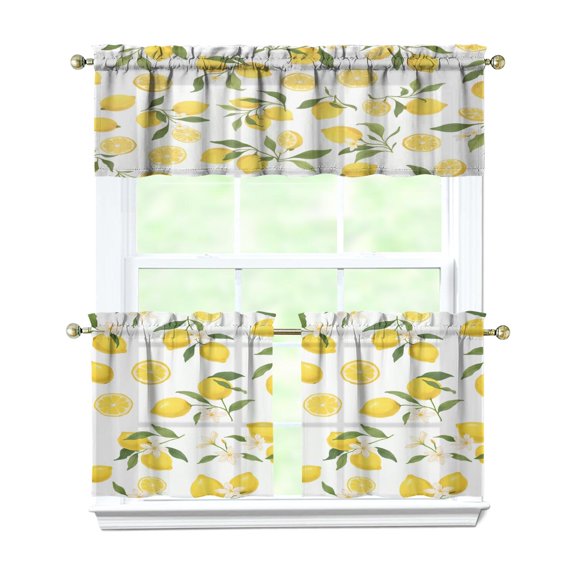 Yellow Lemon Kitchen Curtains and Valances Set - 3 Piece Kitchen Curtains Sets with Valance for Windows Rod Pocket Machine Washable Kitchen Decor Decorations (54"x18" 2x27.5"x24")