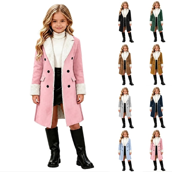 Girls Double Breasted Trench Coat, Kids Notch Lapel Long Peacoat, Winter Solid Warm Outerwear with Pockets for Dressy Occasions