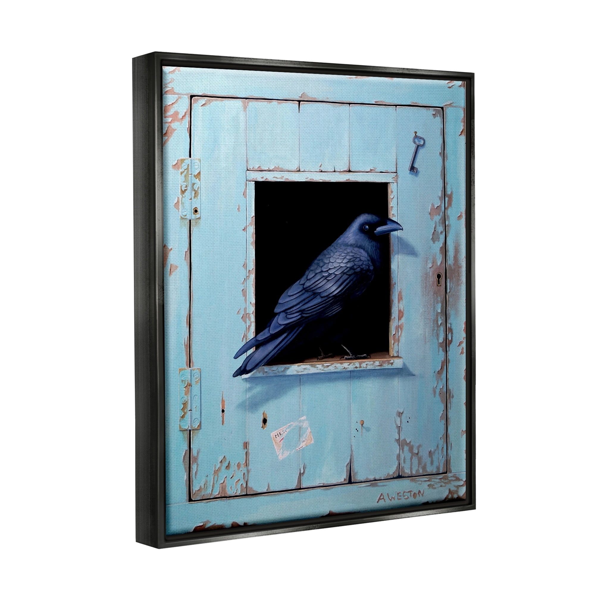 Stupell Industries Crow Perched Rustic Blue Door Hanging Key Painting Jet Black Floating Framed Canvas Print Wall Art, Design by Alan Weston