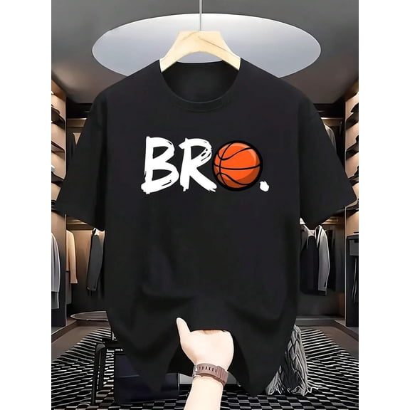 Cotton Men's Casual Summer Basketball Graphic T-Shirt 1pc Regular Fit Crew Neck Short Sleeve Tee With Bold BRO Letter Print & Basketball Design