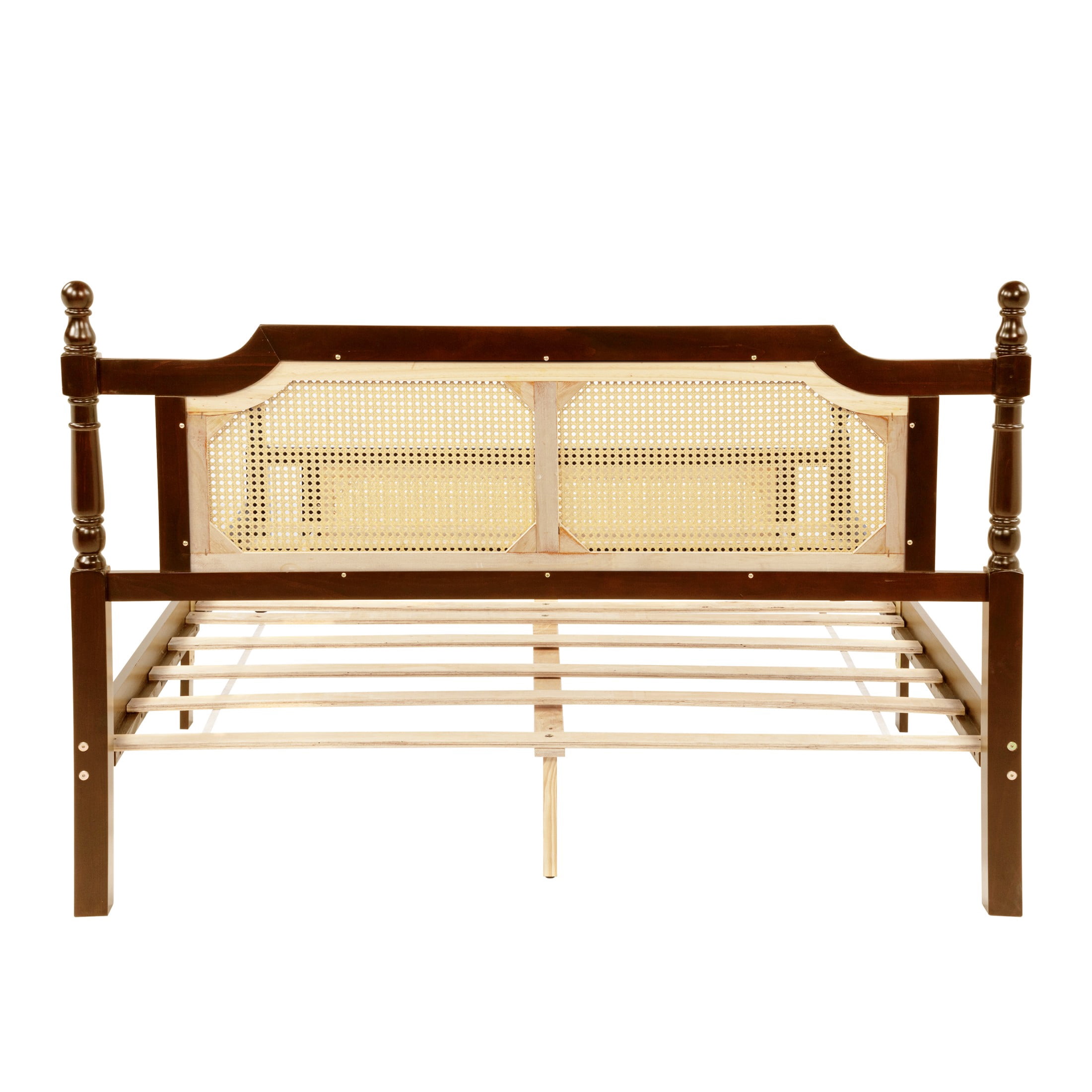Alvantor Queen Size Bed Frame, Wood Rattan Bed with Rattan Headboard and Footboard, Walnut