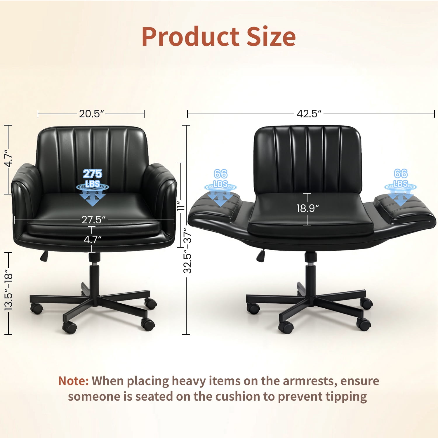 BOSSIN Black Criss Cross Chair with Armrests & Wheels,Foldable Armrest PU Leather Vanity Chair – Thickened Swivel Office Desk Chair for Home, Makeup Room & Bedroom