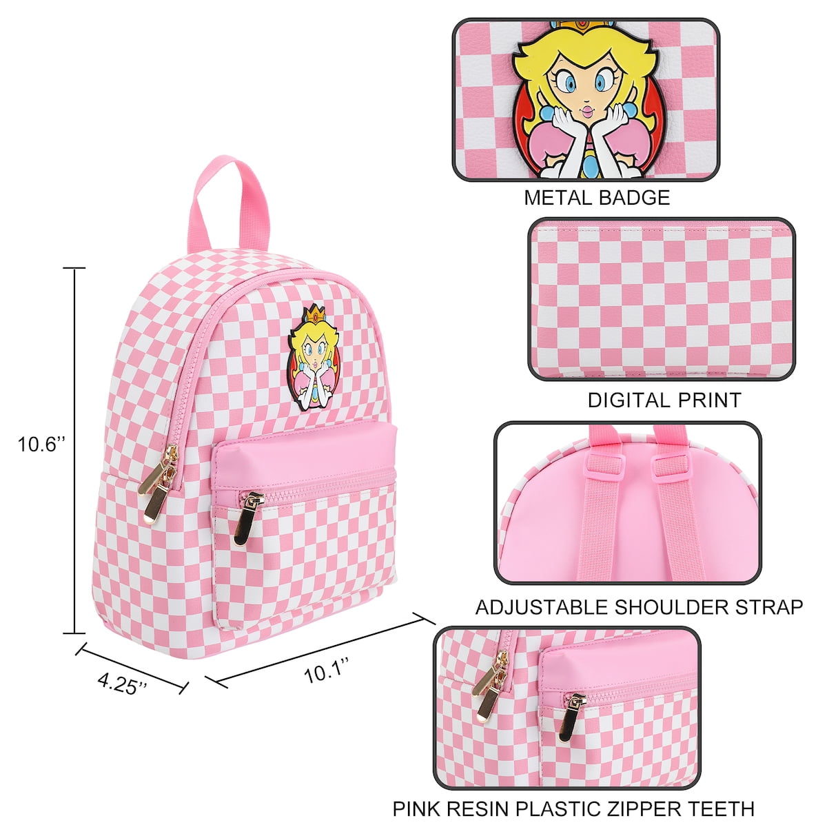 Super Mario Bros Princess Peach 10.6" Pink & White Checkered Mini Backpack