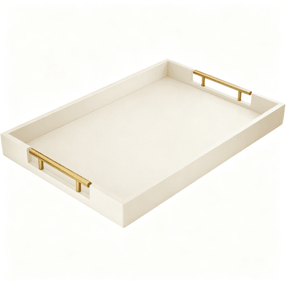 NORIZF 17"X 12"Wood Serving Tray with Gold Polished Metal Handles,Home Decorative Wooden Rectangle Ottoman Leather Decor Platter Bathroom Vanity Tray for All Occasions White