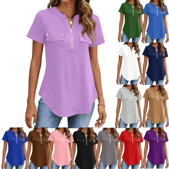 Shirts for Women Dressy Casual Blouse Shirts Short Sleeve Zip Front Business Tops for Women Lightweight Summer Shirts Light Purple M