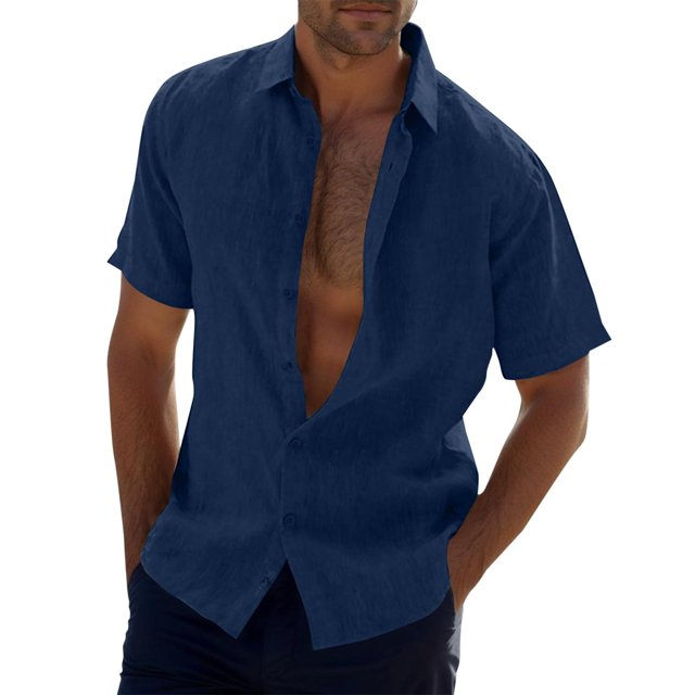 Camisas De Vestir Para Hombre 5xl Camisa sólida informal para hombre, camisa de manga corta con cuello vuelto, camisa Formal con botones (Navy, XL)