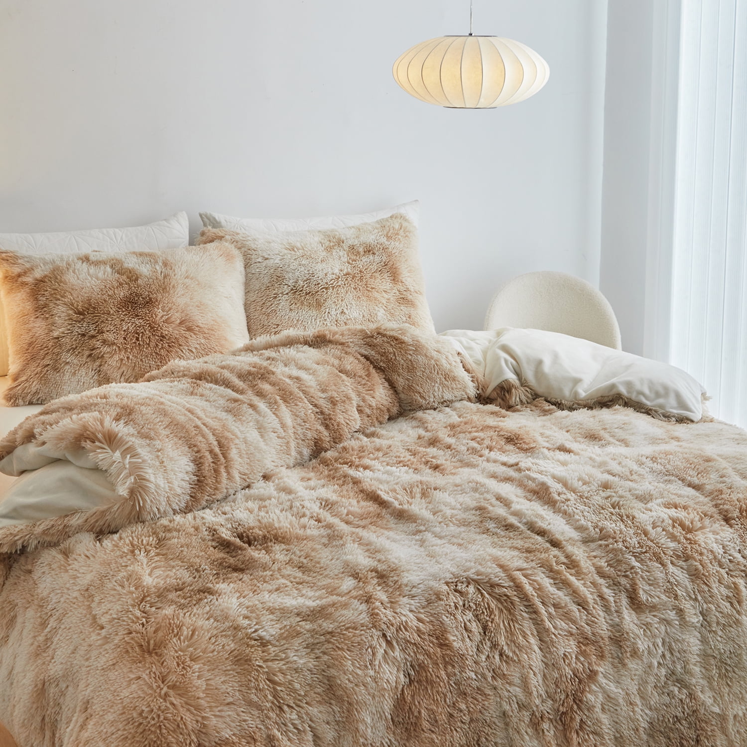 Wajade Plush Duvet Cover Set Fluffy Fuzzy Comforter Cover Set (1 Duvet Cover + 2 Pillow Shams) Full Size,Camel Tie-dyed
