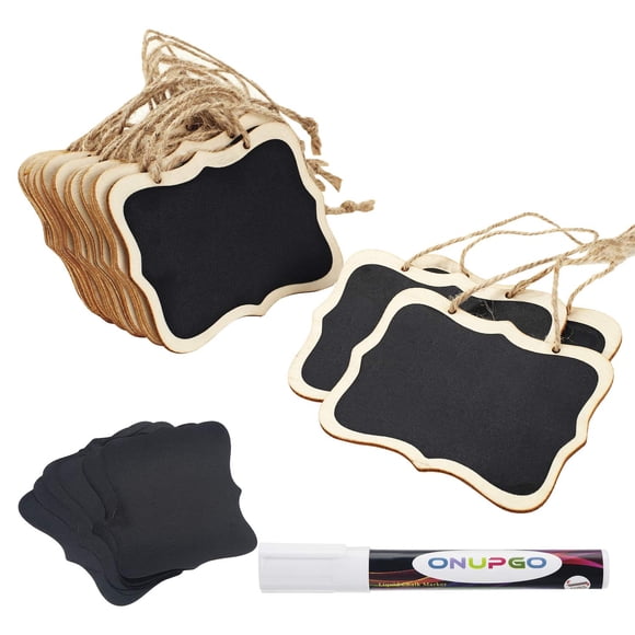ONUPGO Paquete de 16 etiquetas de pizarra con cuerda de 4.0 x 3.0 in, carteles de pizarra colgantes con marcador de tiza líquida, mini etiquetas de madera para pizarra, etiquetas para tablero de masaj