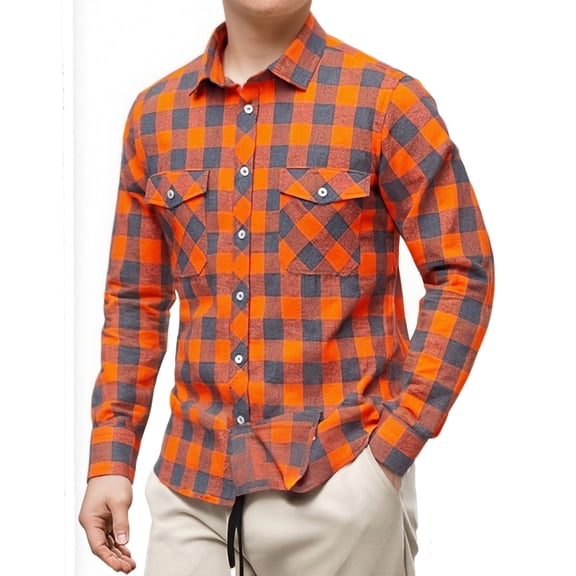 LNZGNM Long Sleeve Flannel Shirt for Men Lapel Checkered Shirt with Pockets Button Front Shirts Regular Fit Casual Outdoor Top,Saffron 3XL