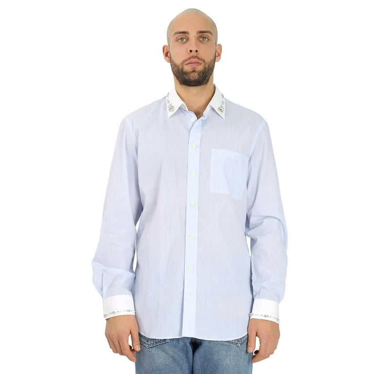 Burberry Men s Pale Blue Camberwell Classic Fit Embellished Pinstriped Cotton Shirt Brand Size 42 Walmart