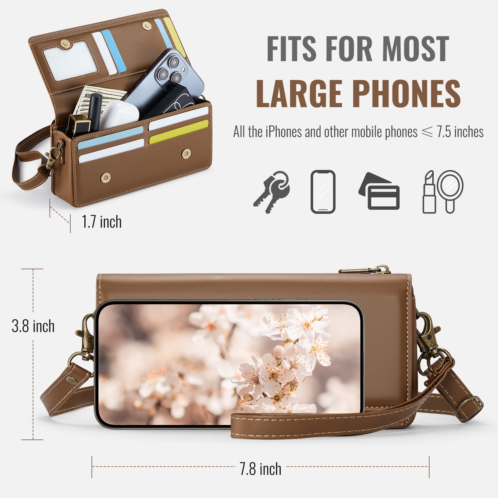 CaseMe Fashion Small Crossbody Bag for Women,Cell Phone Purse Women's Shoulder Handbags Wallet Purse with RFID Blocking Credit Card Slots Zip Small Crossbody Bag Wrist strap/Shoulder strap - Brown