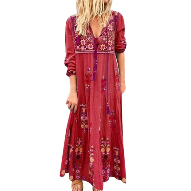 Robe Bohème pour Femmes Grande Taille à Col en V Imprimé, à Lacets, à Manches Longues, Robe Maxi de Soirée