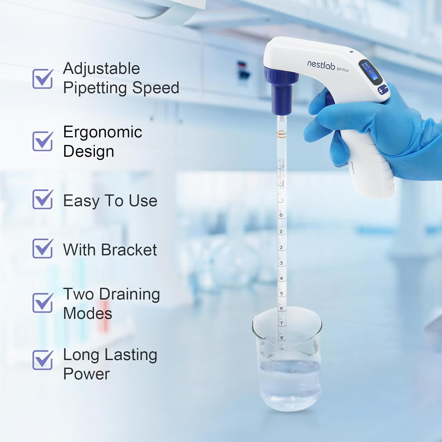 FOUR E's Scientific Lab Electric Pipette Controller 0.1-100ml, Electronic Pipettor for Lab, LCD Screen, 6 Adjustable Speed, Dual Modes of Gravity Drainage and Power Drainage