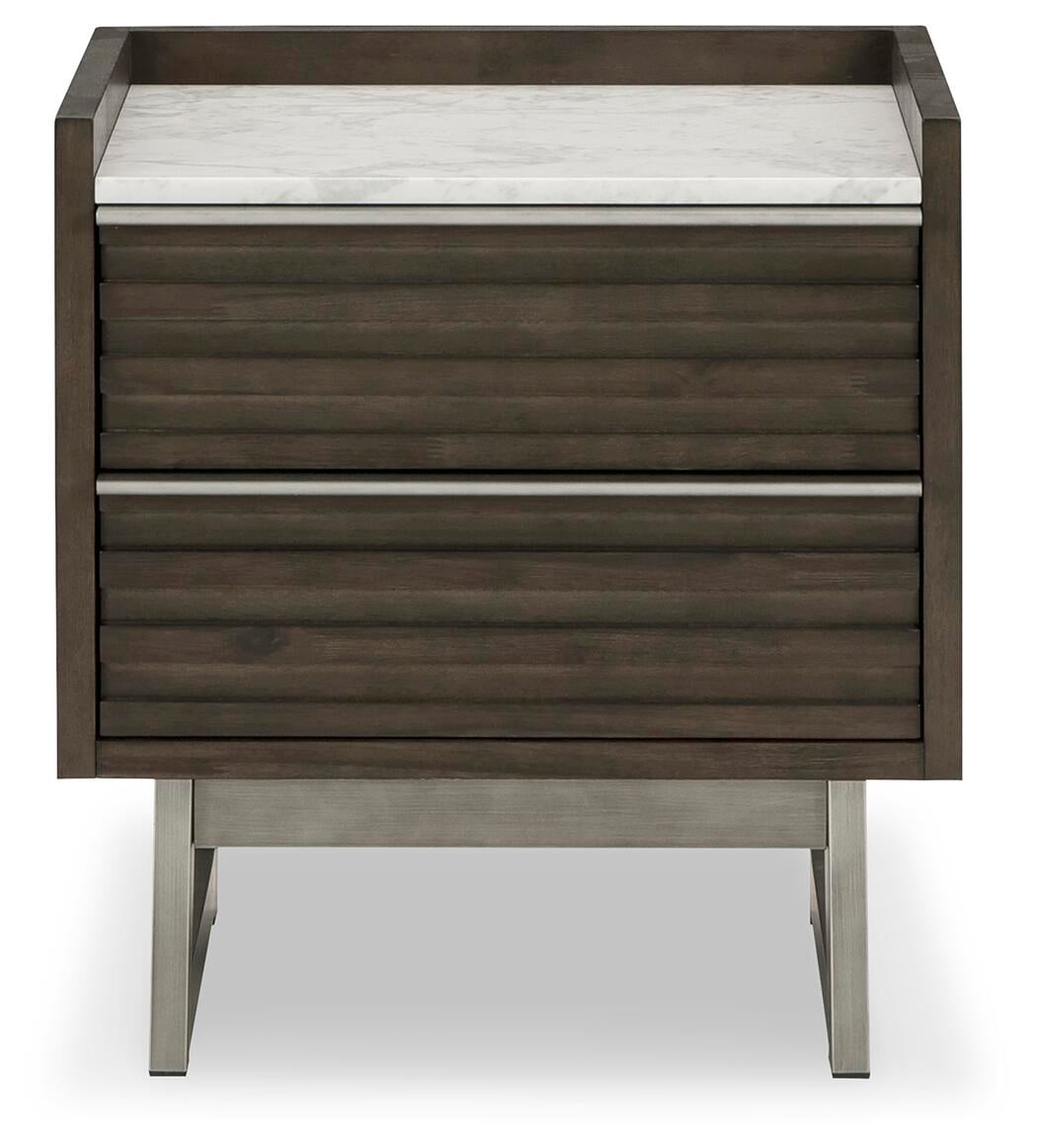 Signature Design by Ashley Arkenton 2-Drawer Nightstand with White Marble Top - Modern Bedroom Side Table, Grayish Brown Wood Finish