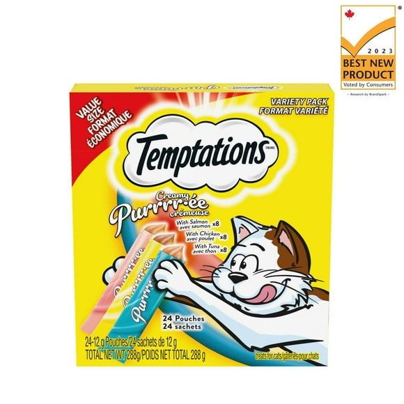 Gâteries pour chats TEMPTATIONS PURRRR-ÉE CRÉMEUSE avec poulet, avec saumon et avec thon 24x12 g