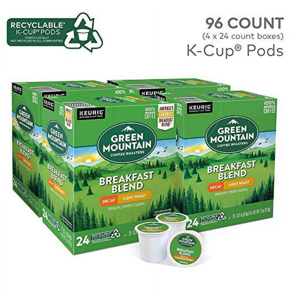 Green Mountain Coffee, Breakfast Blend Decaf, Single-Serve Keurig K-Cup Pods, Light Roast, 96 Count (8 Boxes of 12 Pods)