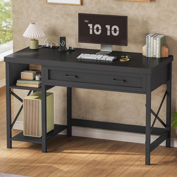 40" Small Computer Desk, Farmhouse Small Desk with Drawer & Storage Shelves, Writing Desk with Power Outlet, Study Table, Desk for Bedroom, Home Office, Black