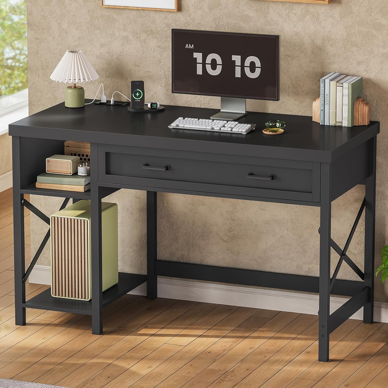 40" Small Computer Desk, Farmhouse Small Desk with Drawer & Storage Shelves, Writing Desk with Power Outlet, Study Table, Desk for Bedroom, Home Office, Black