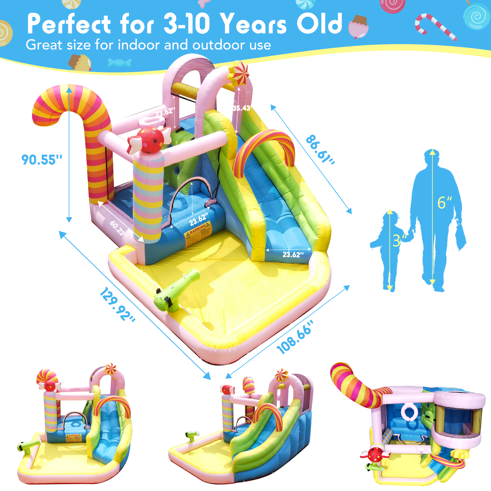 NBSPORT 6-in-1 Inflatable Bounce House & Water Slide Combo for Indoor & Outdoor, Sweet Candy Theme with Splash Pool, Slide and Air Blower
