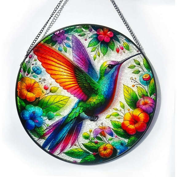 Hummingbird Stained Glass Window Hangings, Hand-Painted Hummingbird Flowers Suncatcher Stained Panel Wall Decor with Chain, Birds Sun Catcher for Women (Green)