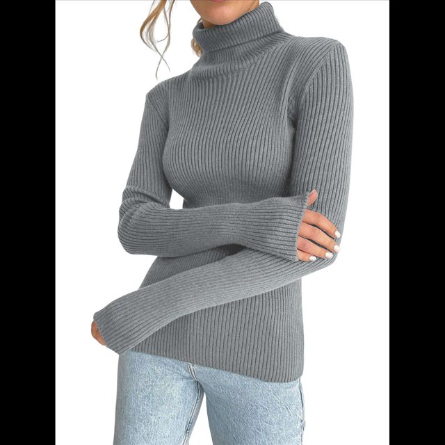 Suéteres Acanalados para Mujer, Lindos Suéteres de Punto de Cuello Alto, Ajustados y Cálidos Gris un Tamaño