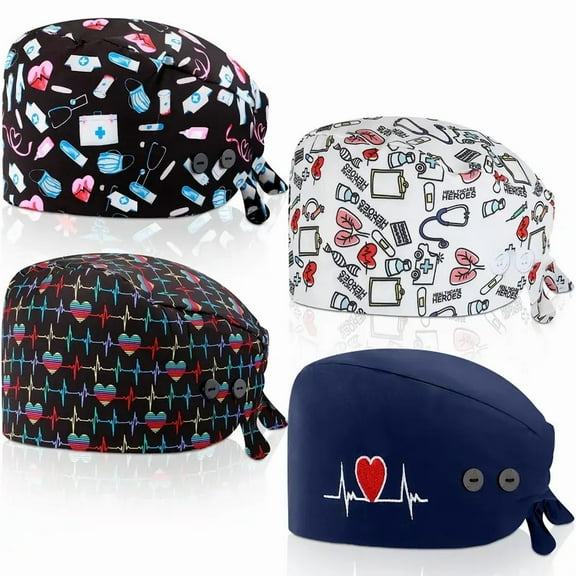 4 Pack Working Cap Scrub Caps with Button and Sweatband Printed,Gourd-Shaped Bouffant Hats Adjustable Tie Back Surgical Cap for Women Men