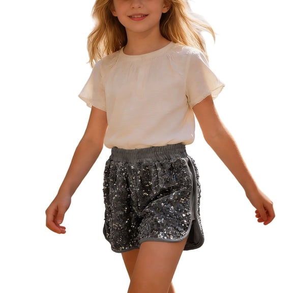 Byoo Party Sequin Shorts for Tween Girl Elastic Waist High Rise Casual Shorts Kids Dance Soft Pants,Silver