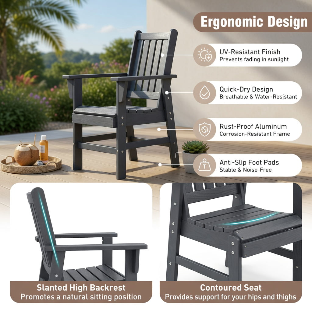 Hommoo 2-Pack Modern Patio Dining Chairs with Wide Armrests, HDPE Outdoor Chairs for Deck, Patio & Backyard, Sturdy, Weather-Resistant, Easy Assembly, Gray