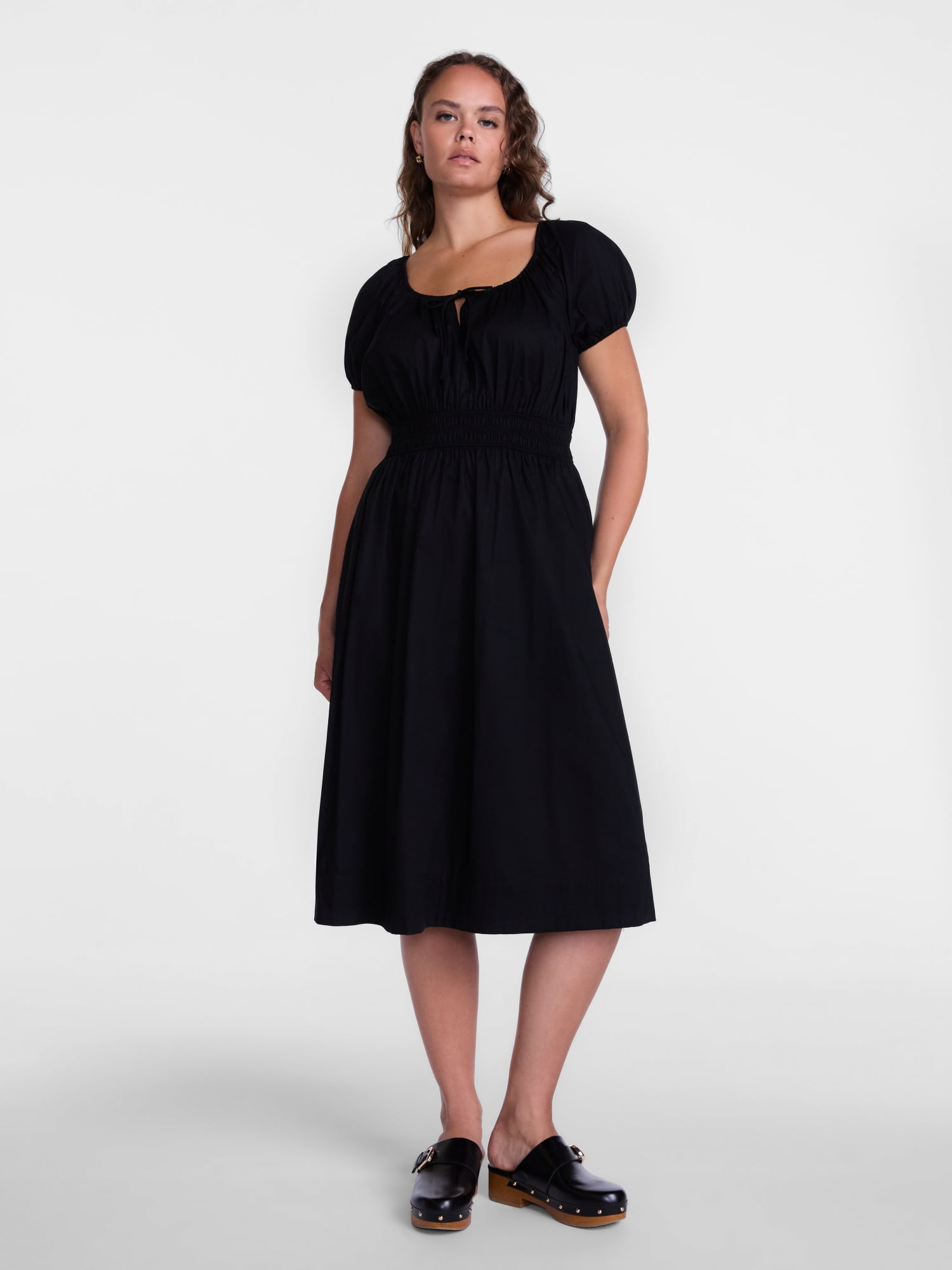 Scenario Women's and Women's Plus Smocked Waist Peasant Midi Dress with Puff Sleeves, Sizes XS-4X