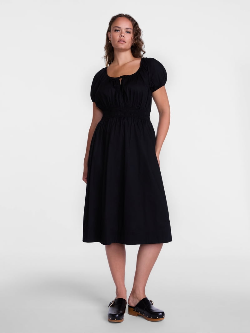 Scenario, Women's Smocked Waist Peasant Midi Dress, Black, M