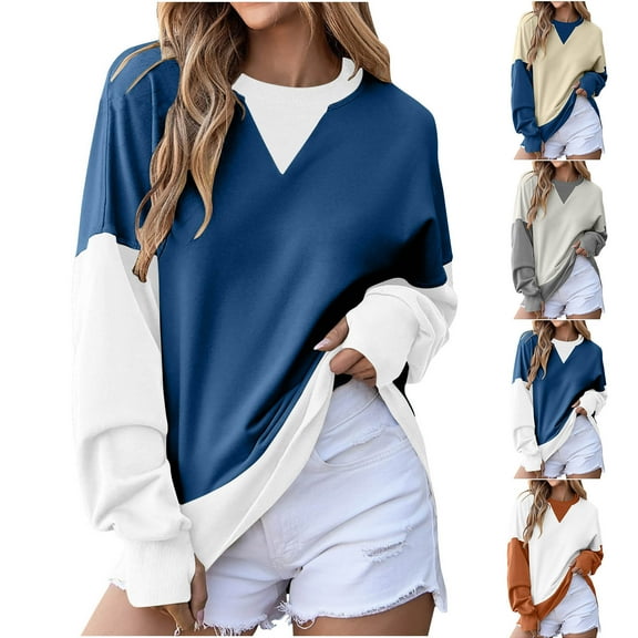 Ashirexll Oversized Sweatshirt for Women, Fall Sweatshirts for Women, Ladies' Casual Loose Matching Color Fashion Round Neck Long Sleeve Loose Sweatshirts