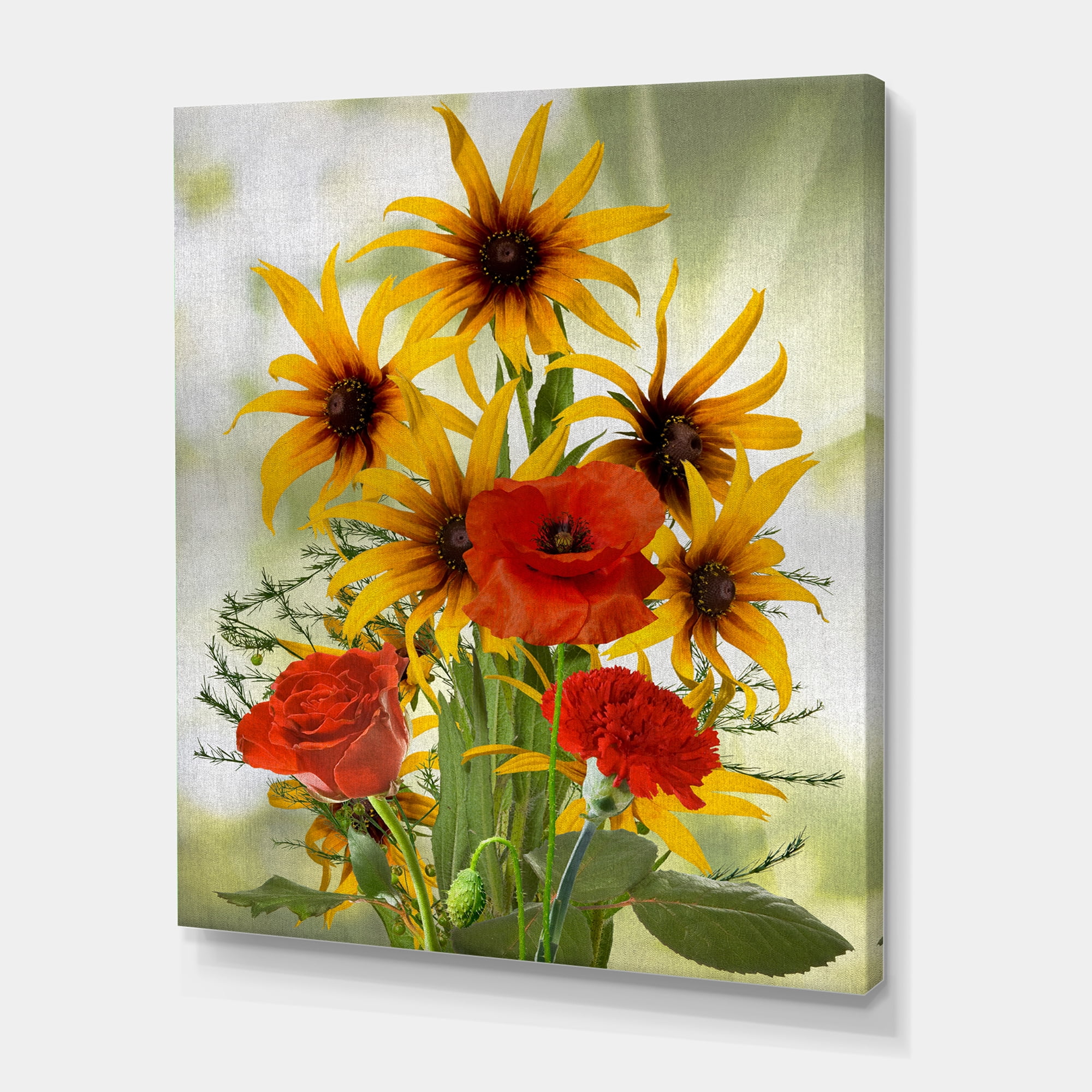Designart ' Poppies and Sunflowers In The Wild ' Traditional Canvas Wall Art Print