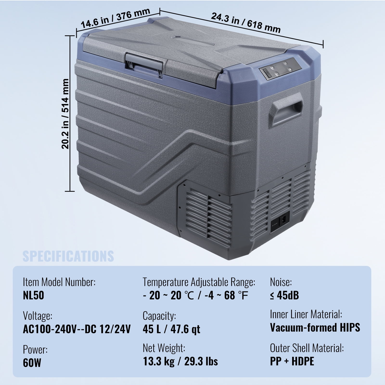 KFFKFF 12V Car Refrigerator ,  52.8 QT Portable Fridge Freezer,  12/24V DC 110~240V AC -4℉ to 68℉ for RV Camping, Travel, Truck, Home