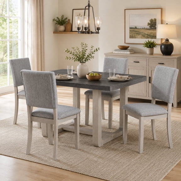 Leovanni 48inch Rectangle Dining Table Set for 4 Modern Solid Wood 5-Piece Kitchen & Dining Room Set with Upholstered Chairs Pedestal Base, Gray