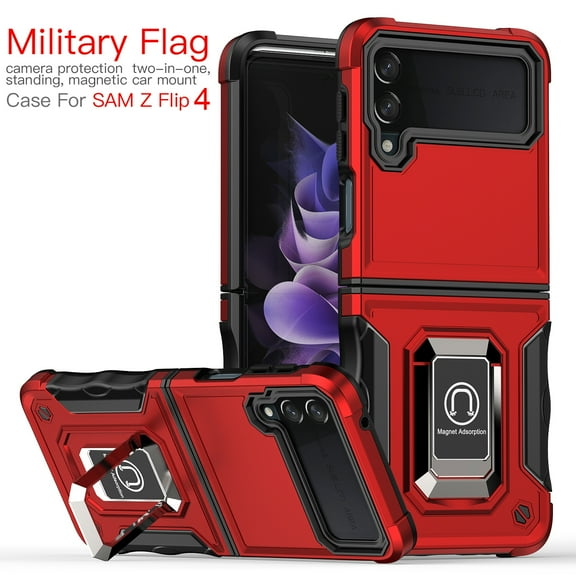Galaxy Z Flip 4 Case, Galaxy Z Flip4 5G Cover, Ring Holder Stand Anti-Slip Drop Protection Shockproof Military-Grade Rugged Hybrid Heavy Duty Cover Phone Case for Samsung Z Flip 4 2022, Red