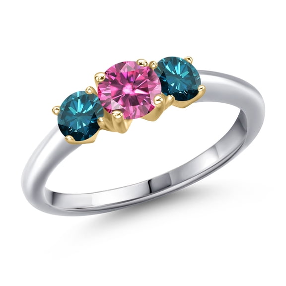 Gem Stone King 925 Silver and 10K Yellow Gold Pink Moissanite and Blue Diamond Engagement Ring for Women | 1.04 Cttw | Round 5MM | Gemstone Birthstone | Size 7