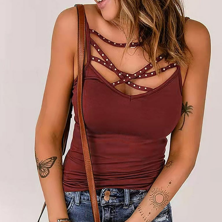 Womens Camisole Tank Tops Scoop Neck Front Cross Lace Up Cami