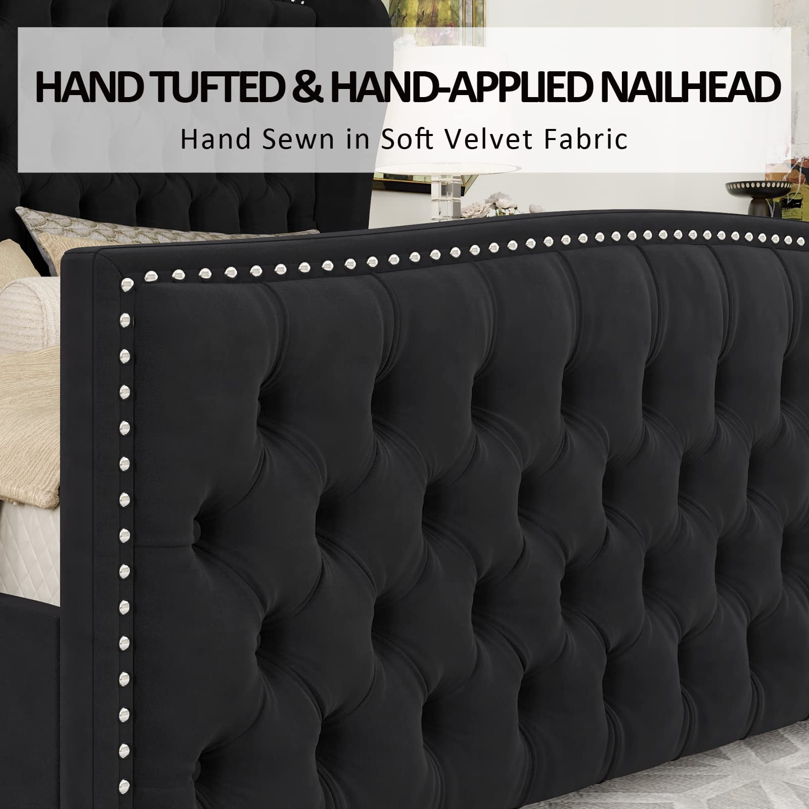 VanAcc Queen Size Bed Frame, Velvet Upholstered Bed with Deep Button Tufted Wingback Headboard, Black