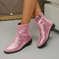 thumbnail image 2 of Women's Sparkly Sequin Ankle Booties Metallic Glitter Leather Mid Calf Chelsea Dress Boots with Side Zipper Pink Size 9.5, 2 of 6