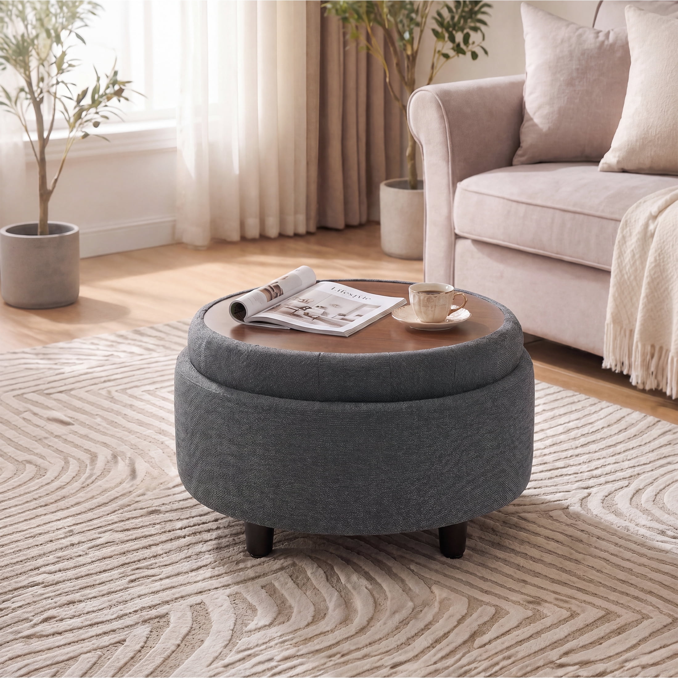 Darkgrey Round Ottoman with Storage and Reversible Tray, Upholstered Fabric Footrest Coffee Table for Living Room, Bedroom, Entryway-25 Inch