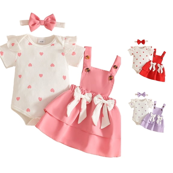 XAOFW Baby Girl Outfits Short Sleeve Heart Prints Romper Bowknot Suspender Dress Headband Kids Autumn Cute Clothing Sets 9-12 Months