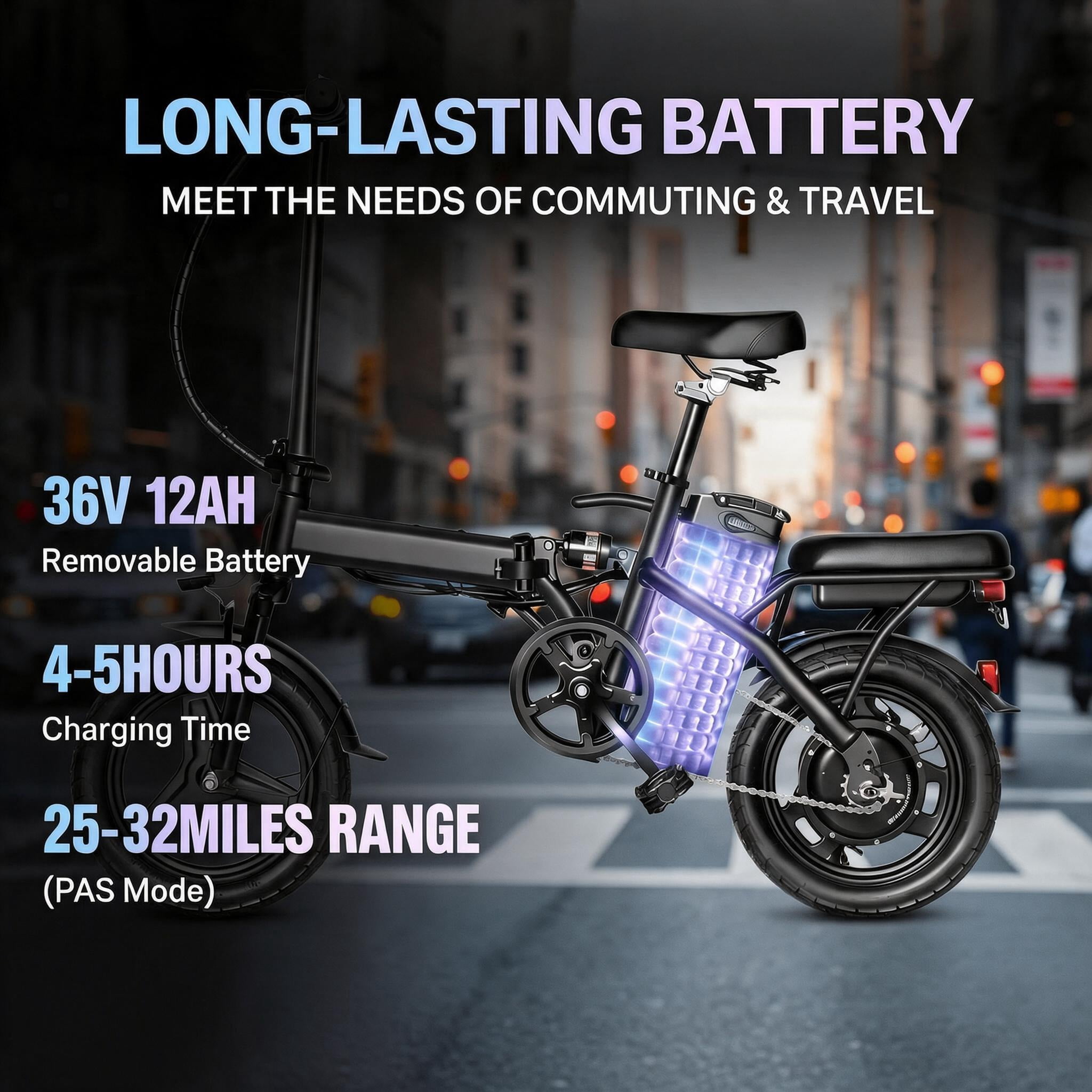 14" Foldable Electric Bike for Adults, 500W Peak Motor, 36V 12Ah Removable Battery, 19 MPH, 18-35 Miles Range, Suitable for Commuting, Shopping, or Trip, UL 2849, Class2