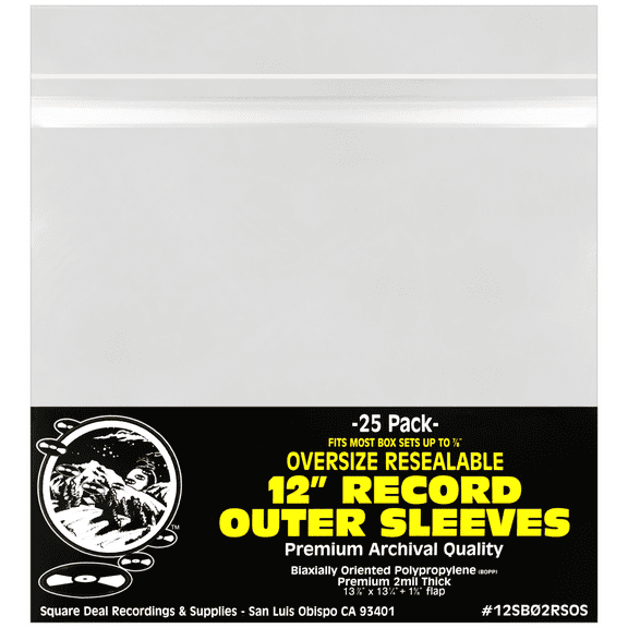 (25) 12" Resealable OVERSIZE Record Outer Sleeves - Super Clear Premium 2 Mil Thick Archival Quality BOPP - 13-7/8" x 13-1/4"   1-5/8" Flap - FITS MOST BOX SETS UP TO 7/8" THICK  #12SB02RSOS