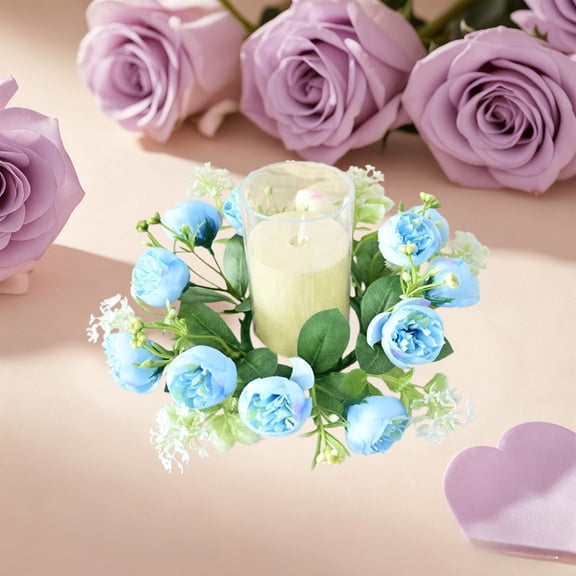 Komiseup Green Plants Candle Ring, Small Tea Rose Candleholder Flower Wreath, Small Wreaths Rings Pillar Candle Holder For Wedding Home Door Tabletop Decoration